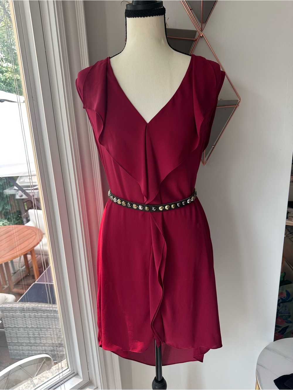 BCBGMAXAZRIA BCBG Red Ruffle V-Neck Dress Tunic Long Shirt Blouse Drapey Medium